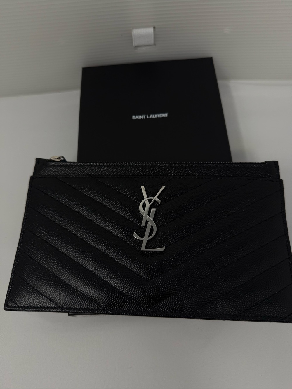 Saint Laurent Black Quilted YSL Card Pouch with Silver Logo